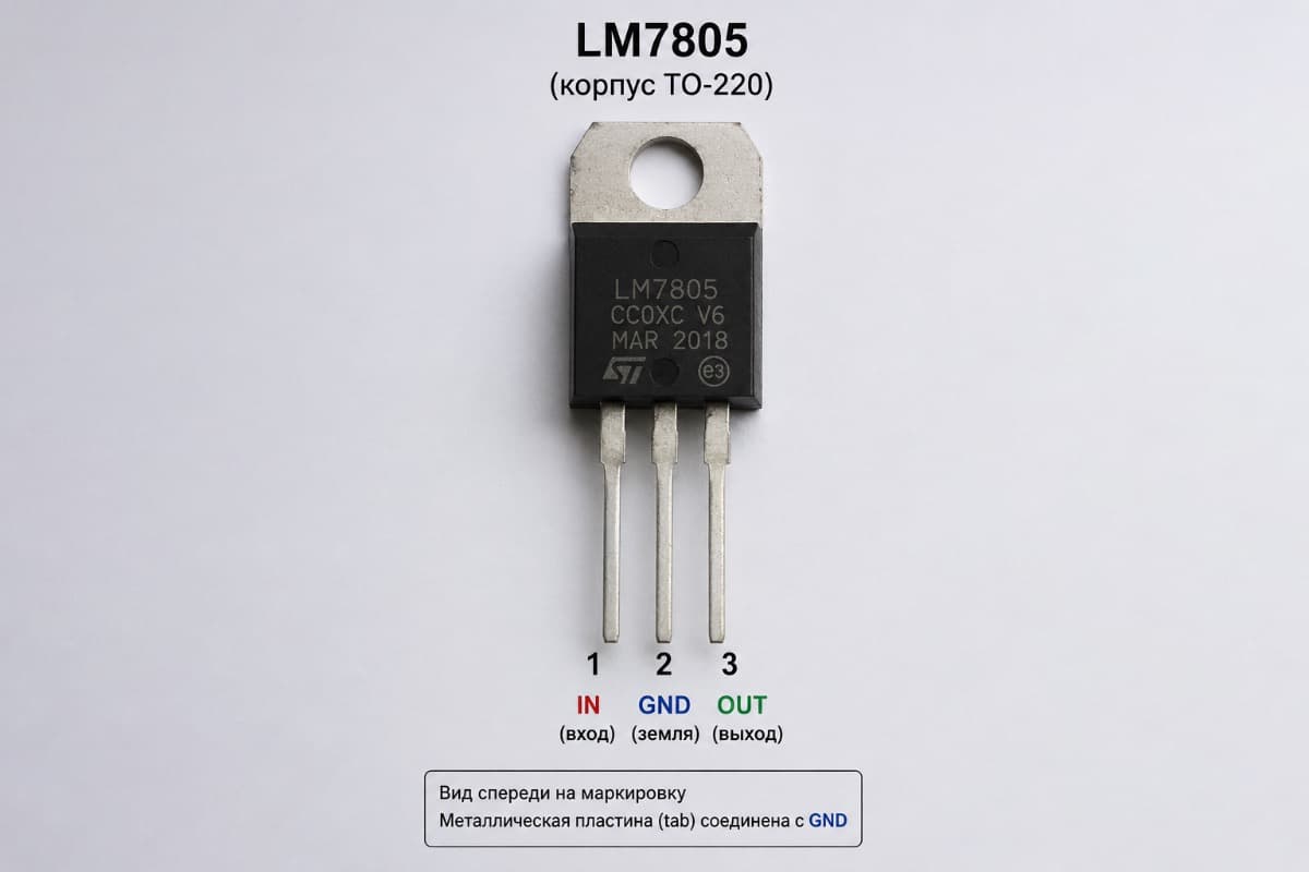 LM7805 – выводы IN, GND и OUT, вид спереди Распиновка LM7805 в корпусе TO-220