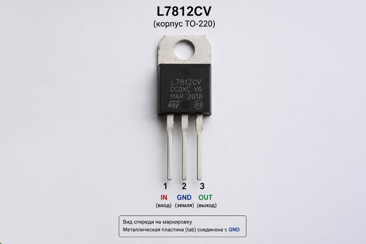 L7812CV – выводы IN, GND и OUT, вид спереди Распиновка L7812CV в корпусе TO-220