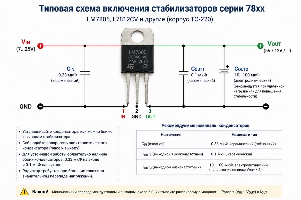 Подключение LM7805 и L7812CV с входным и выходным конденсатором Типовая схема включения стабилизатора 78xx с конденсаторами
