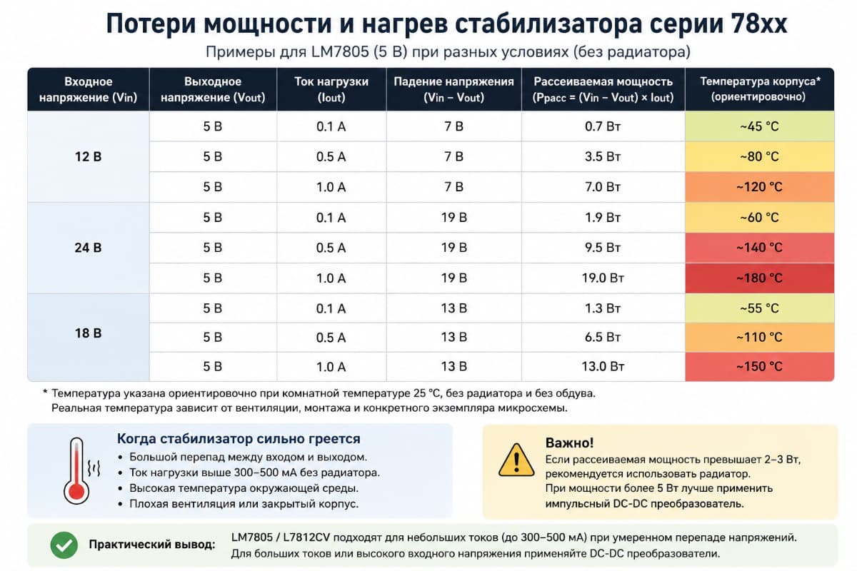 Почему LM7805 и L7812CV греются при большом перепаде напряжения Потери мощности и нагрев стабилизатора 78xx при разных токах