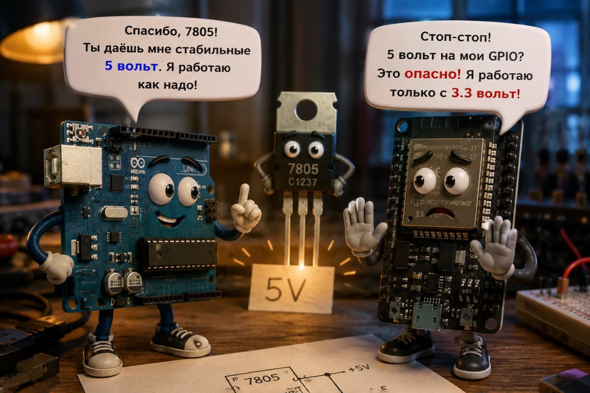 Arduino можно питать от 5 В, но GPIO ESP32 рассчитаны на 3.3 В Arduino Uno, ESP32 и стабилизатор 7805: питание 5 В и ограничение GPIO 3.3 В