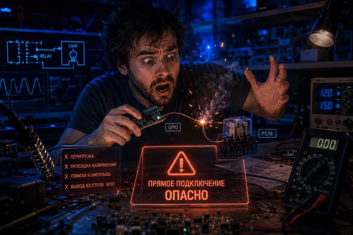 Опасность прямого подключения реле к GPIO Arduino или ESP32 Перегрузка GPIO при прямом подключении катушки реле к микроконтроллеру