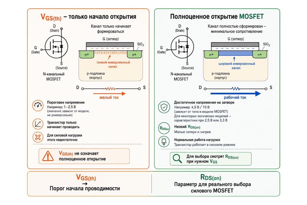 Почему VGS(th) не означает полноценное открытие MOSFET Сравнение VGS(th) и полноценного открытия N-канального MOSFET по сопротивлению RDS(on).