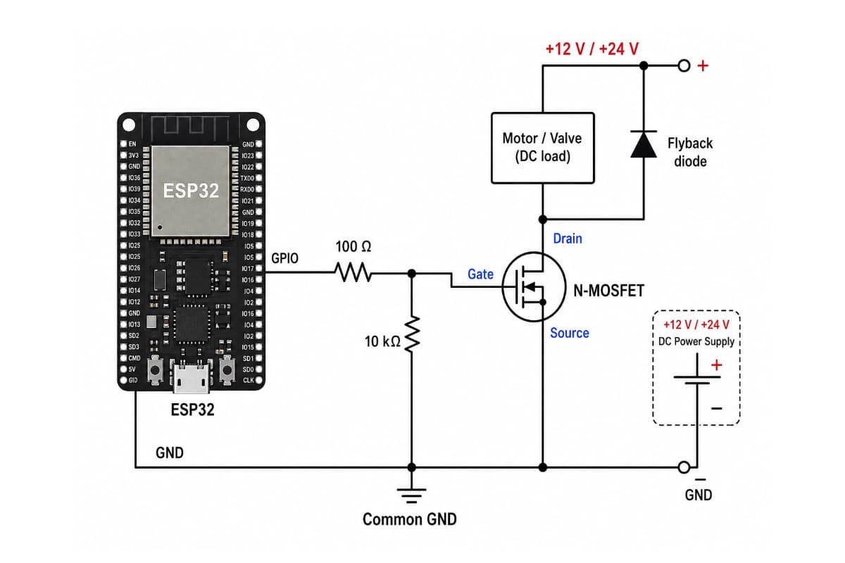 Подключение MOSFET к ESP32 для управления нагрузкой 12-24 В Схема подключения N-канального MOSFET к ESP32 для управления мотором.