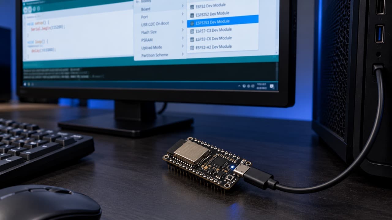Настройка платы ESP32-S3 в Arduino IDE перед загрузкой программы.
