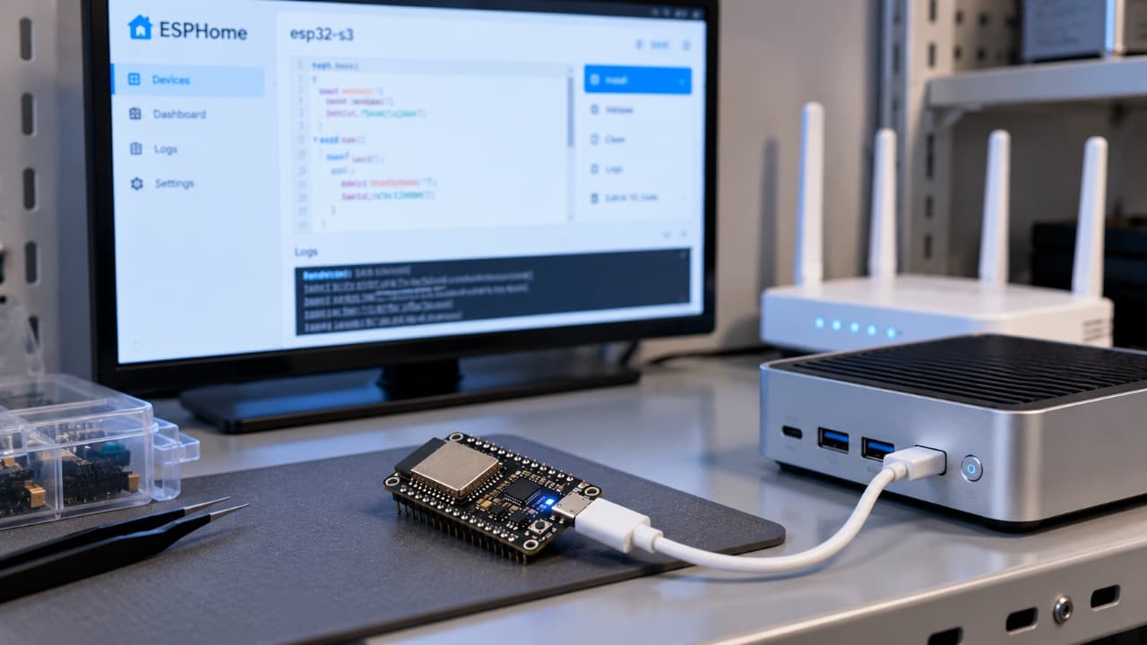 Настройка ESP32-S3 в ESPHome и первая прошивка через USB.