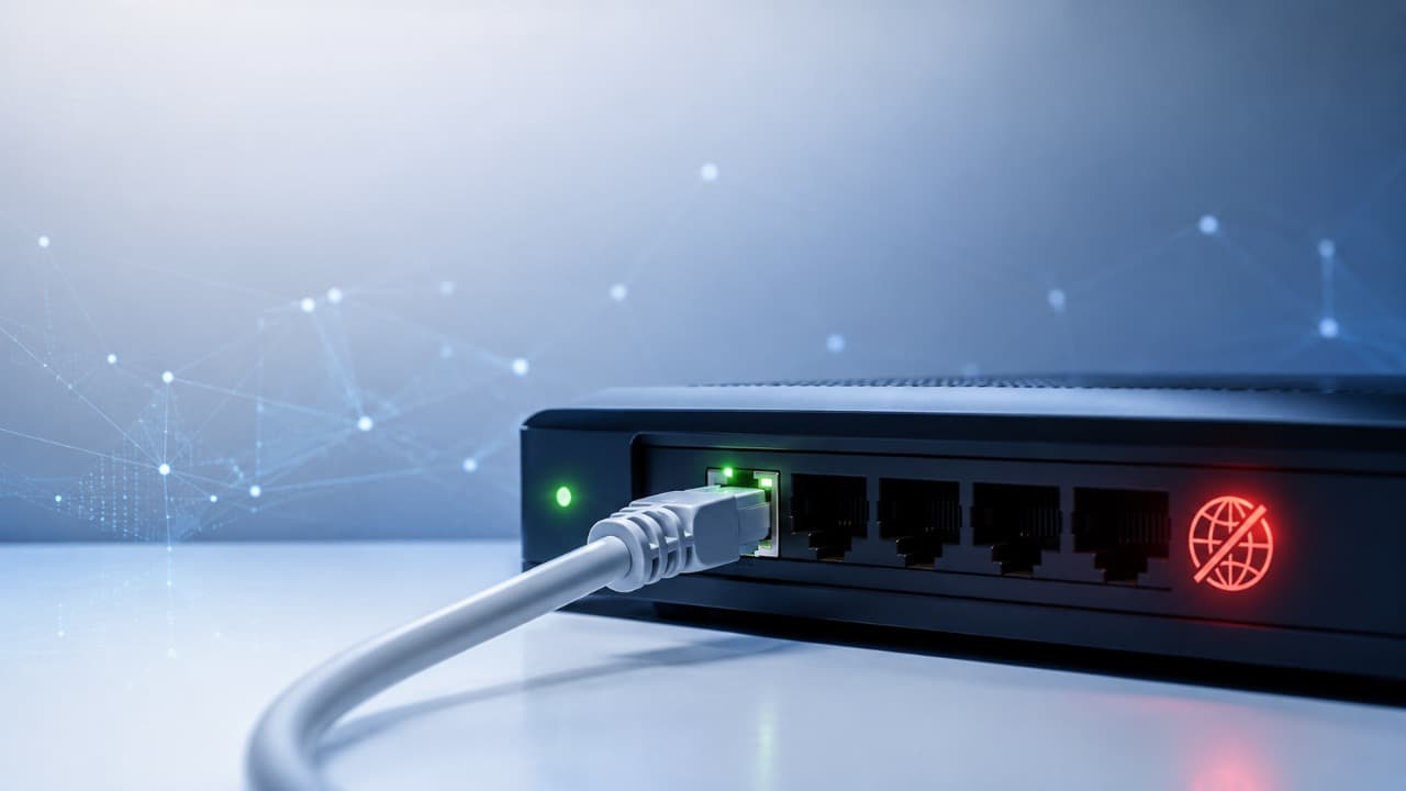 Ethernet-кабель подключён к роутеру: локальное соединение активно, но доступ к интернету отсутствует.