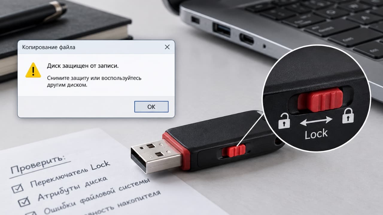 USB-флешка с переключателем защиты от записи.