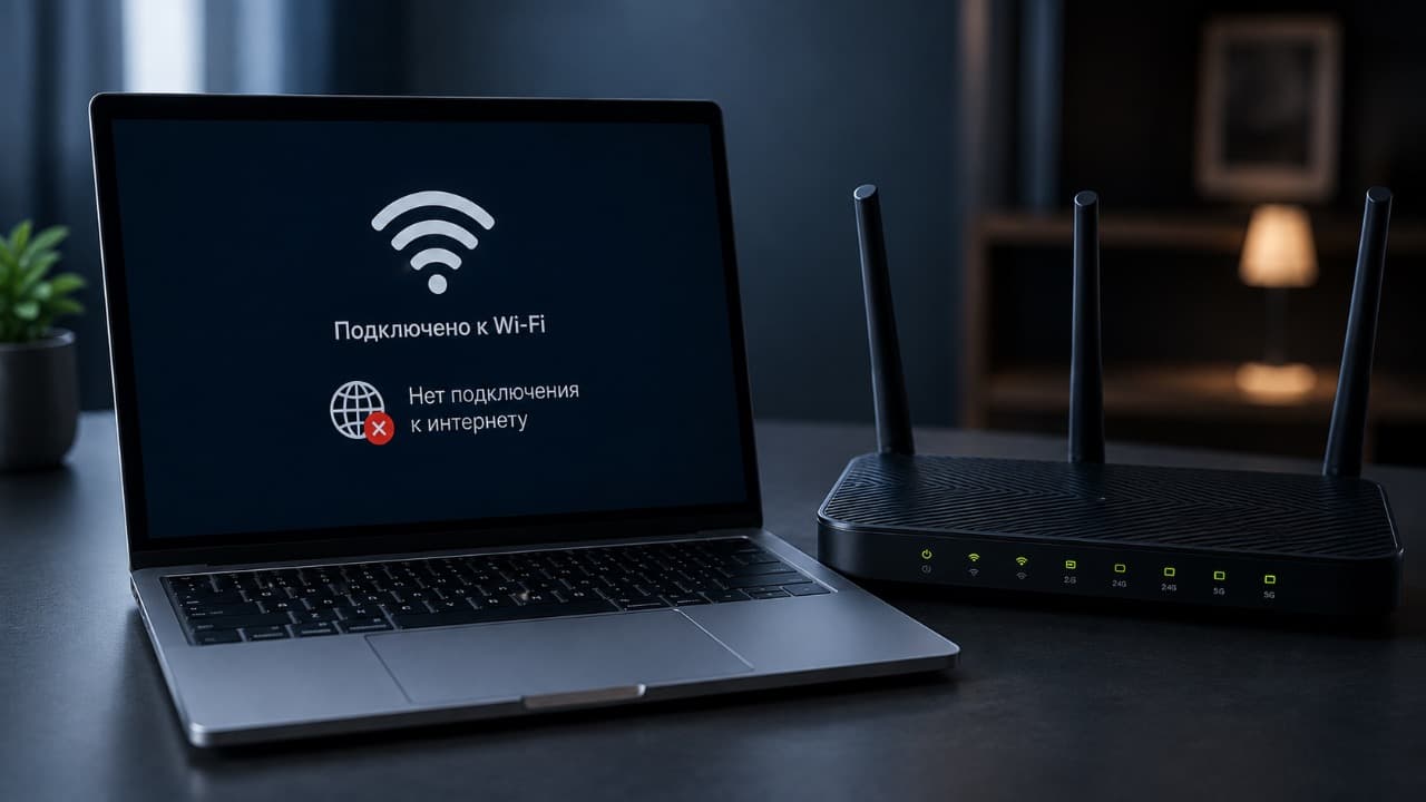 Ноутбук и Wi-Fi роутер при проблемах с доступом к интернету.