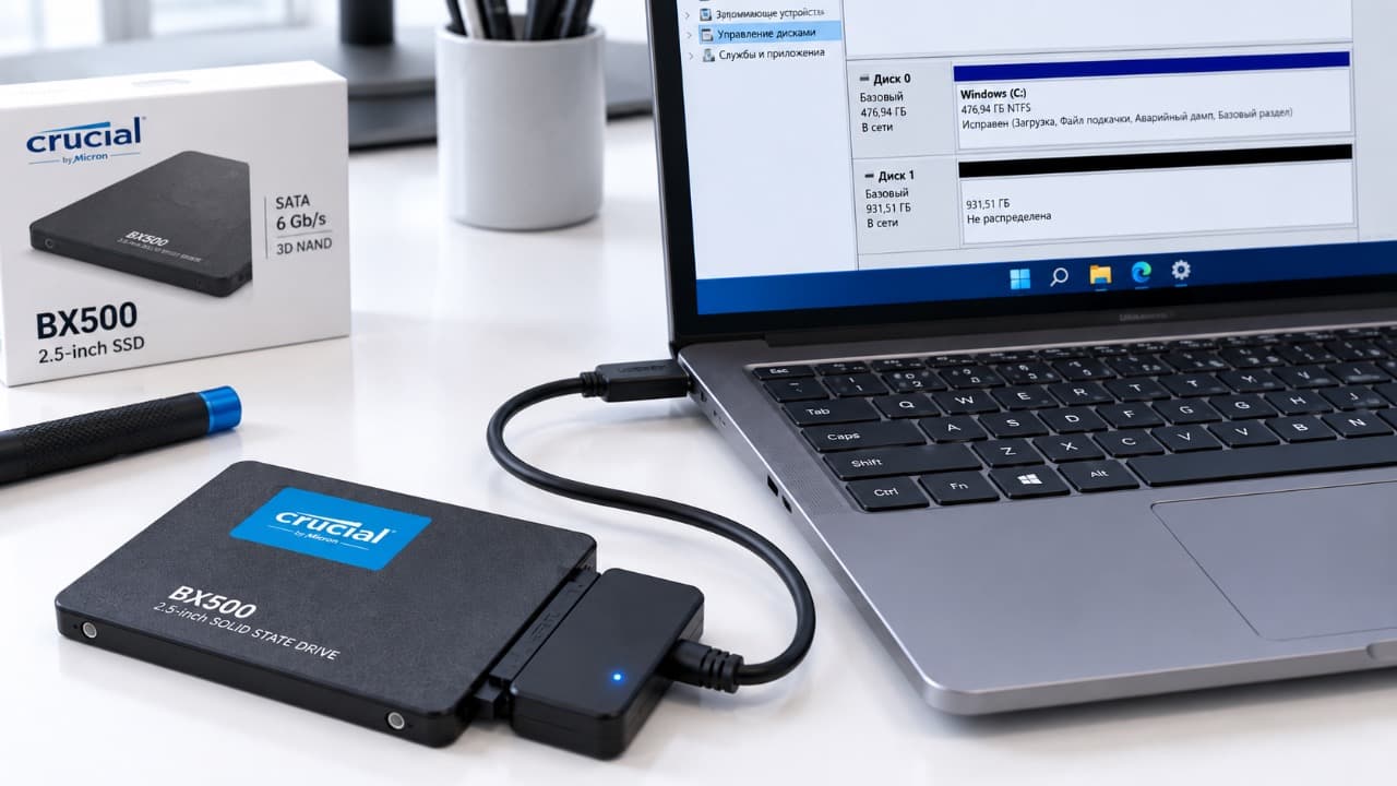 Настройка нового SSD в Windows через управление дисками после подключения накопителя.
