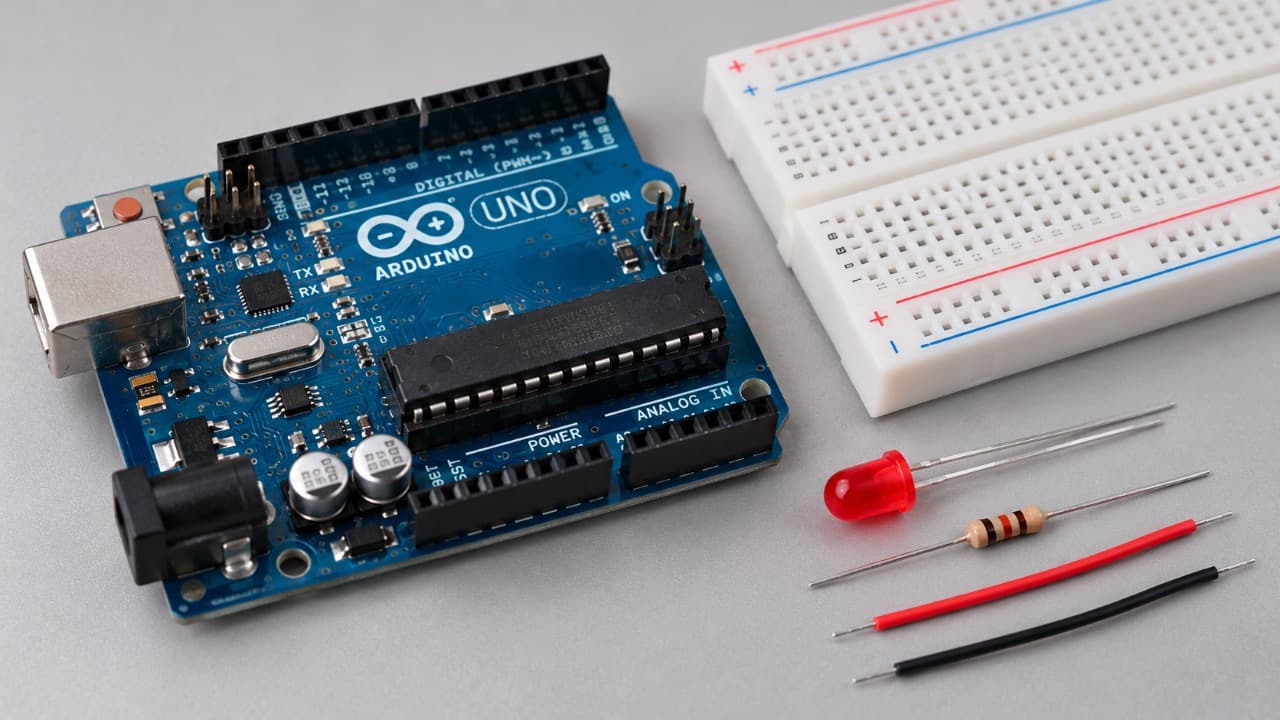 Arduino Uno R3, красный светодиод, резистор и макетная плата.