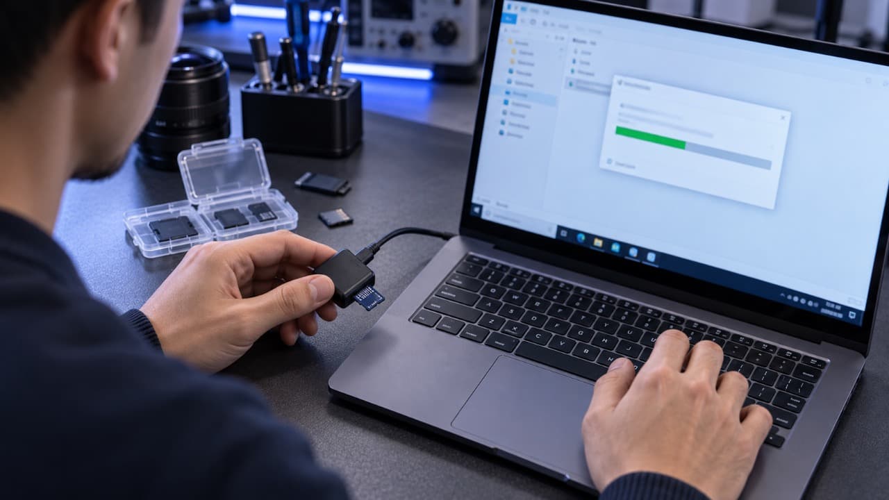 Проверка карты памяти microSD через USB-картридер на ноутбуке.