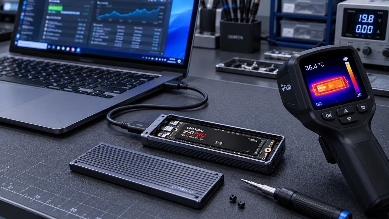Проверка M.2 NVMe SSD через внешний адаптер с контролем температуры и состояния накопителя.