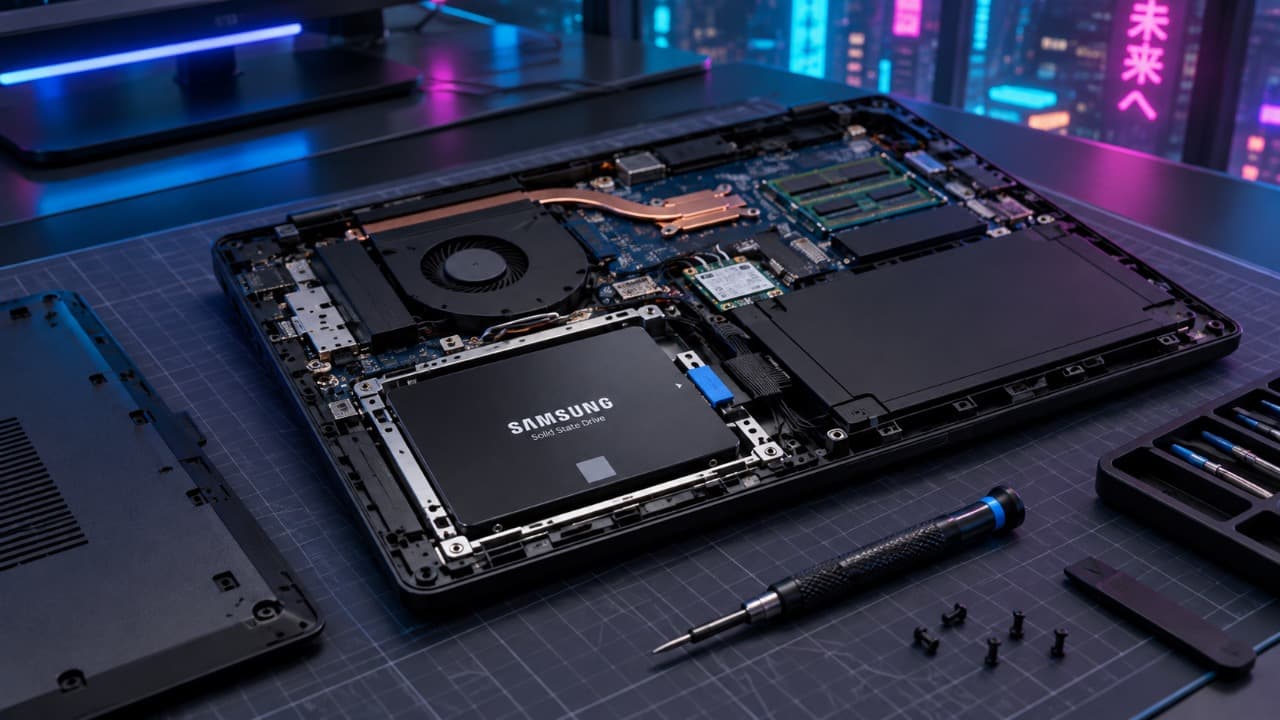 Открытый ноутбук с 2,5-дюймовым SATA SSD.
