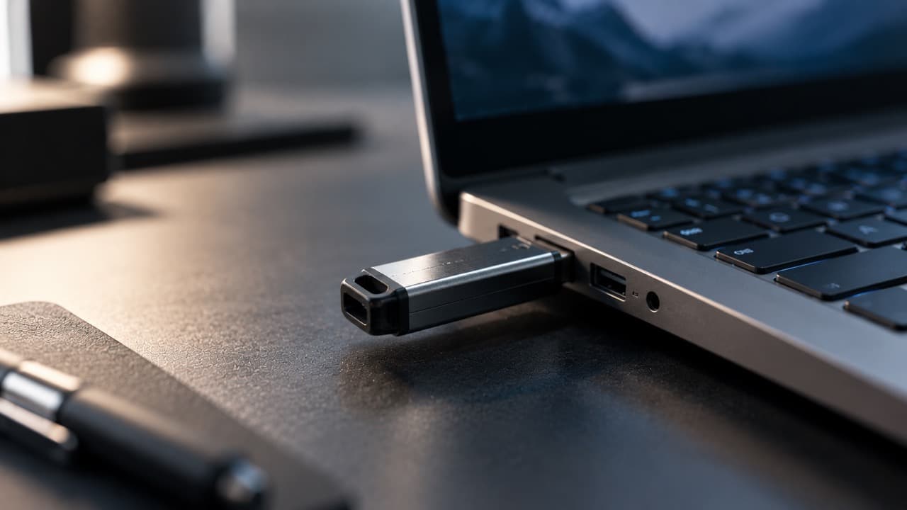 USB-флешка вставлена в порт ноутбука.