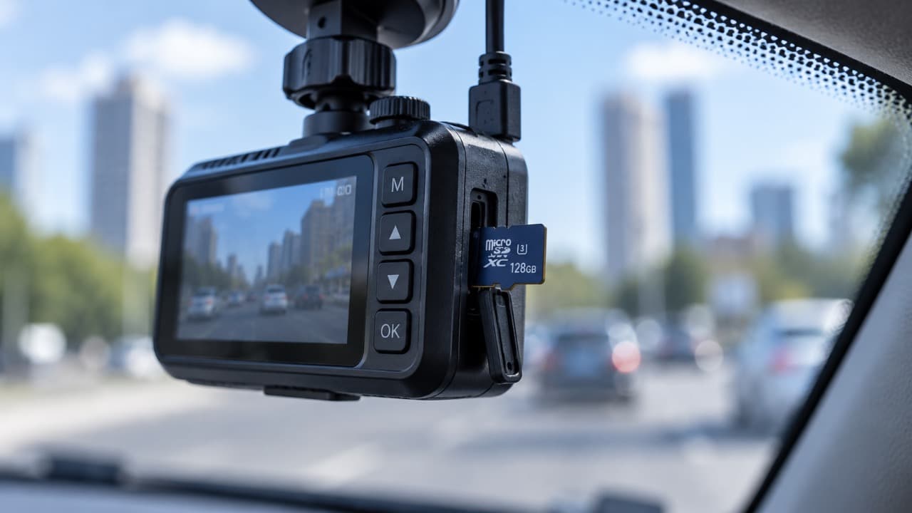 Видеорегистратор с картой памяти microSD в салоне автомобиля.