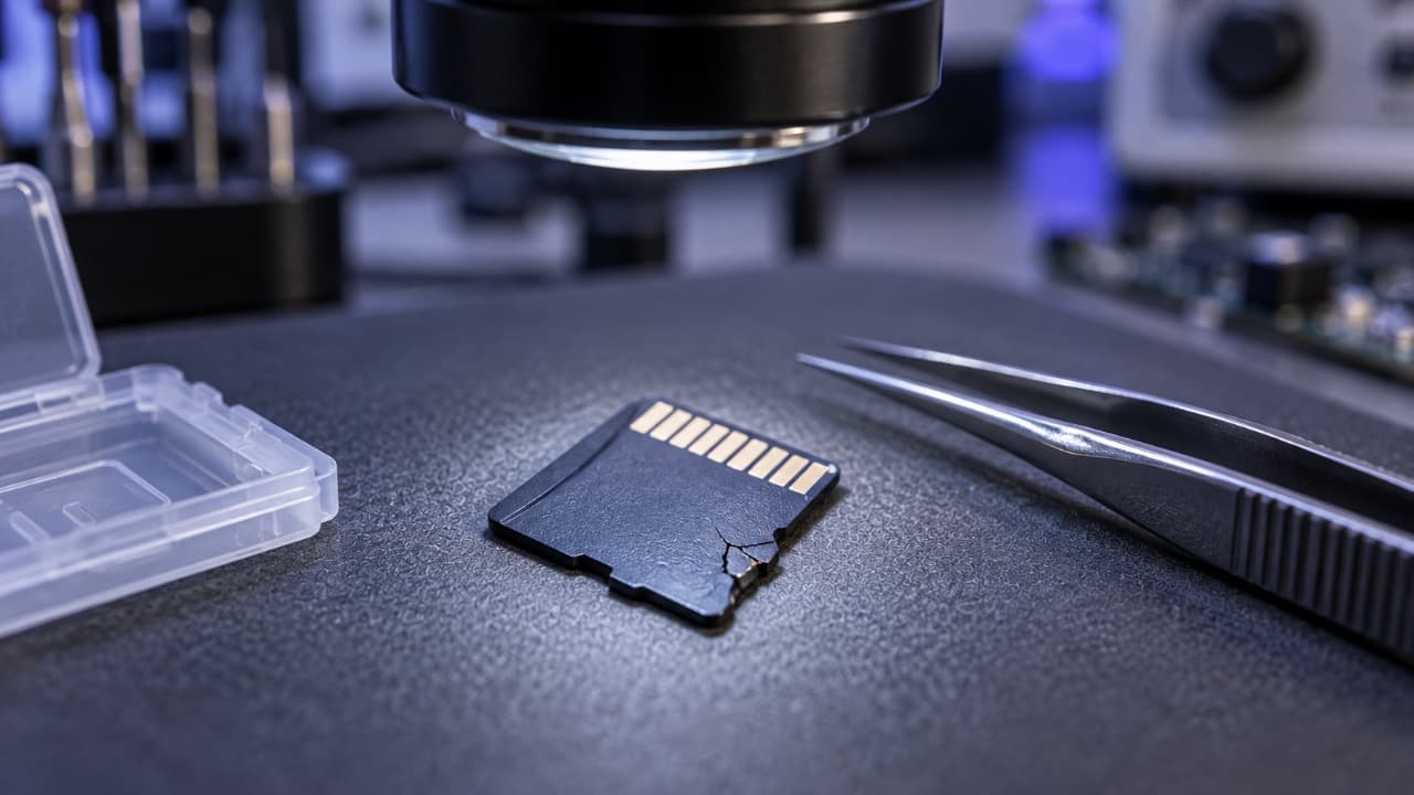 Повреждённая карта памяти microSD под увеличительной линзой в мастерской электроники.