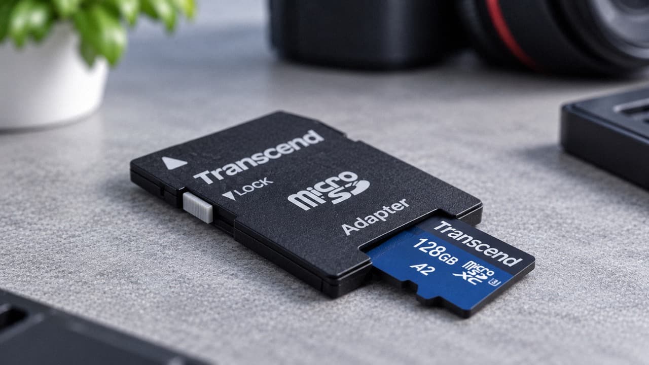 Адаптер с картой памяти microSD и переключателем Lock на столе.