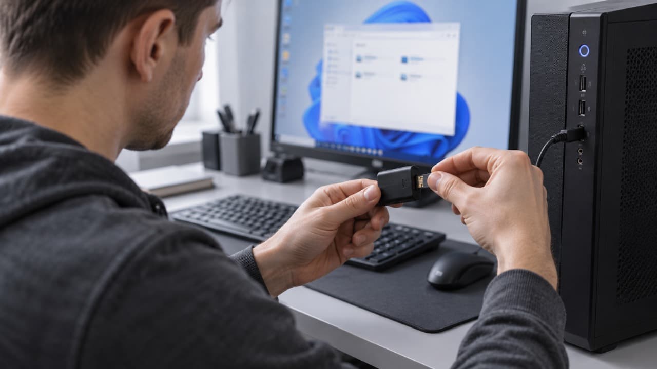 Пользователь подключает карту памяти microSD к стационарному компьютеру через USB-картридер.
