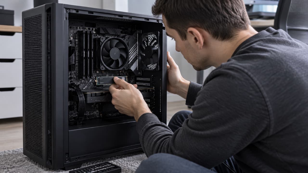 Пользователь проверяет установленный M.2 SSD внутри открытого системного блока.