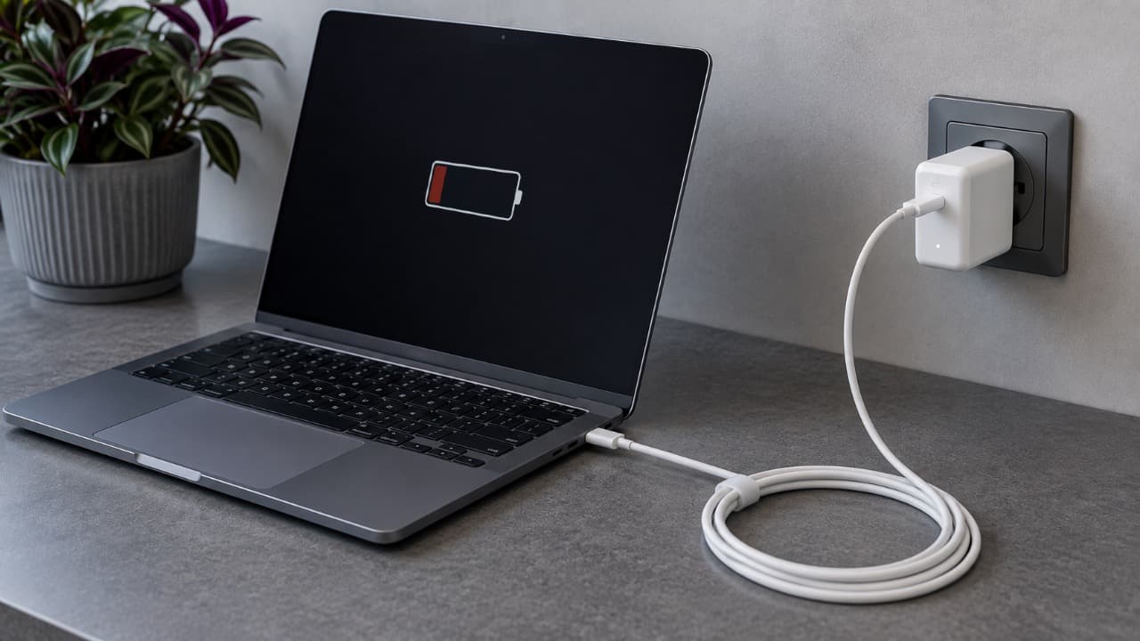 Ноутбук подключён к зарядному устройству через USB-C кабель.