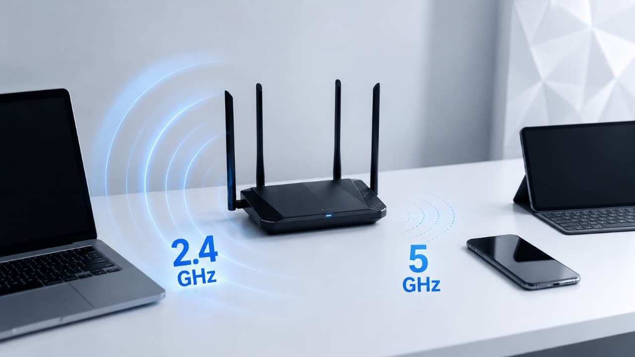Wi-Fi роутер с обозначением диапазонов 2,4 и 5 ГГц рядом с ноутбуком и смартфоном.