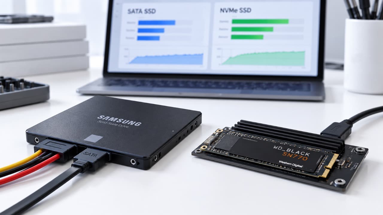 Сравнение SATA SSD и M.2 NVMe SSD на тестовом стенде для проверки скорости накопителей.