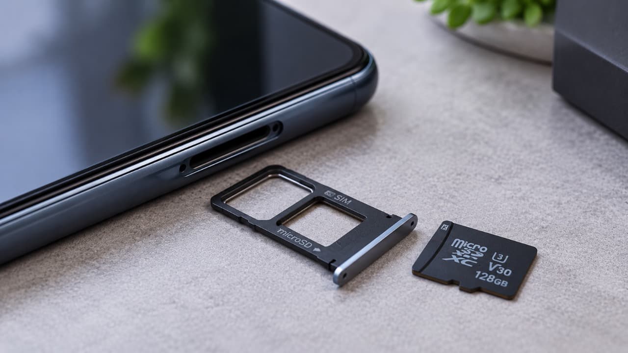 Телефон с извлечённым лотком SIM и microSD рядом с картой памяти.