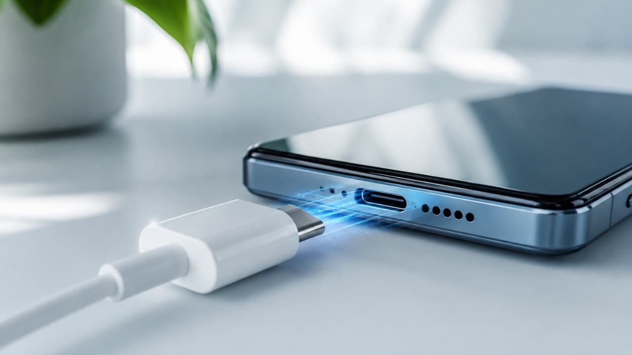 Смартфон и зарядный кабель USB-C рядом с разъёмом питания.