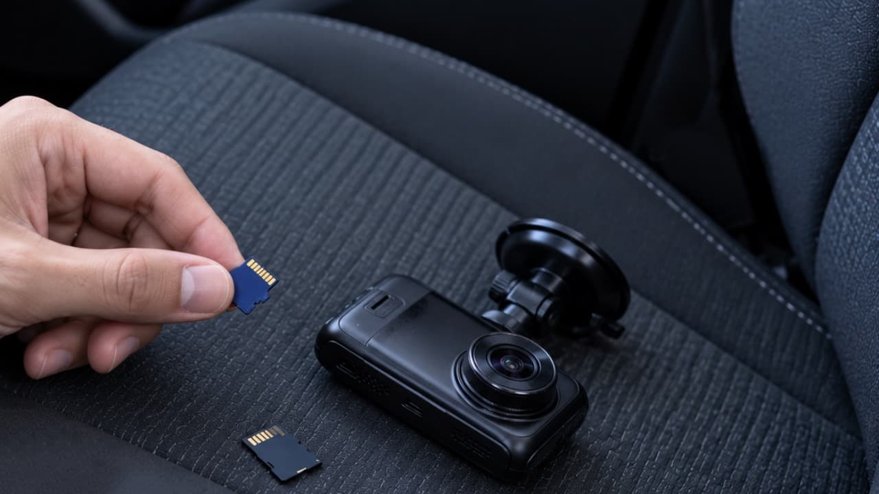 Карта памяти microSD рядом с видеорегистратором на сиденье автомобиля.