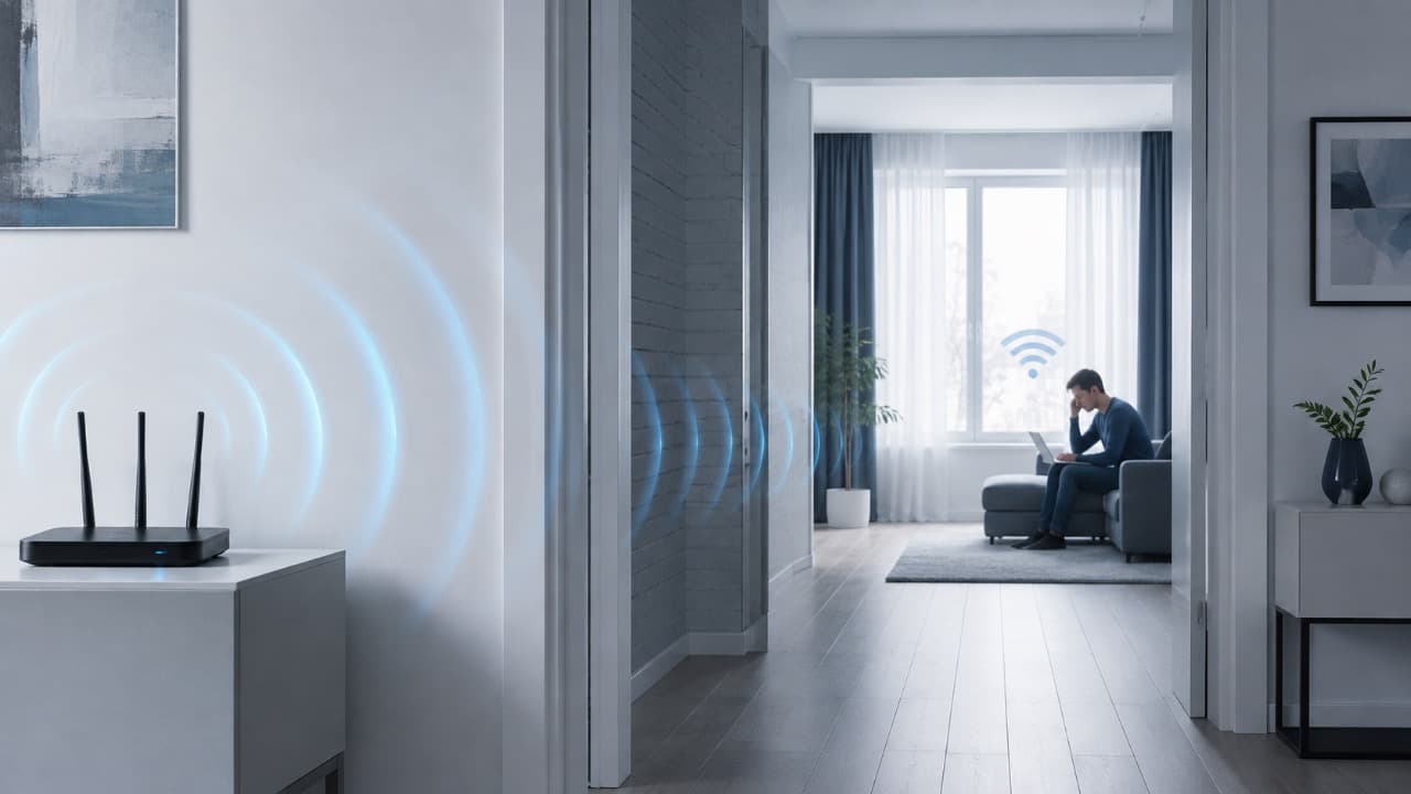 Wi-Fi роутер в одной комнате и ноутбук в дальней комнате со слабым беспроводным сигналом.