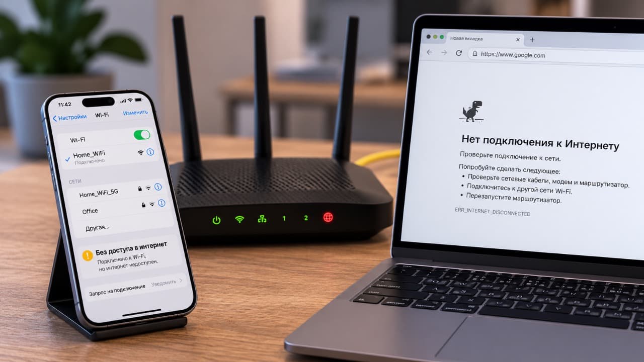 Смартфон и ноутбук подключены к Wi-Fi, но доступ к интернету отсутствует.