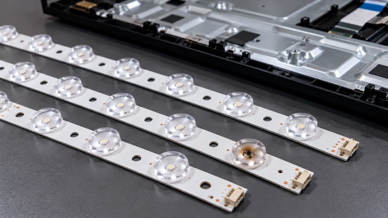 Светодиодные планки LED-подсветки телевизора с рассеивающими линзами.