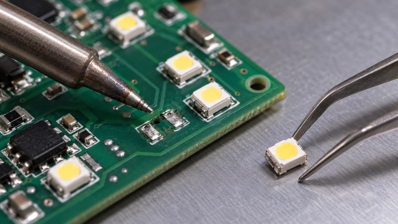 Замена неисправного SMD-светодиода на печатной плате с помощью паяльника.
