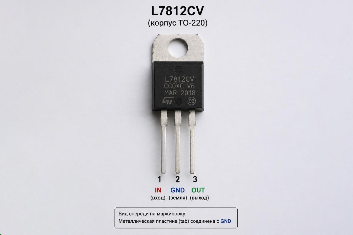 L7812CV – выводы IN, GND и OUT, вид спереди Распиновка L7812CV в корпусе TO-220